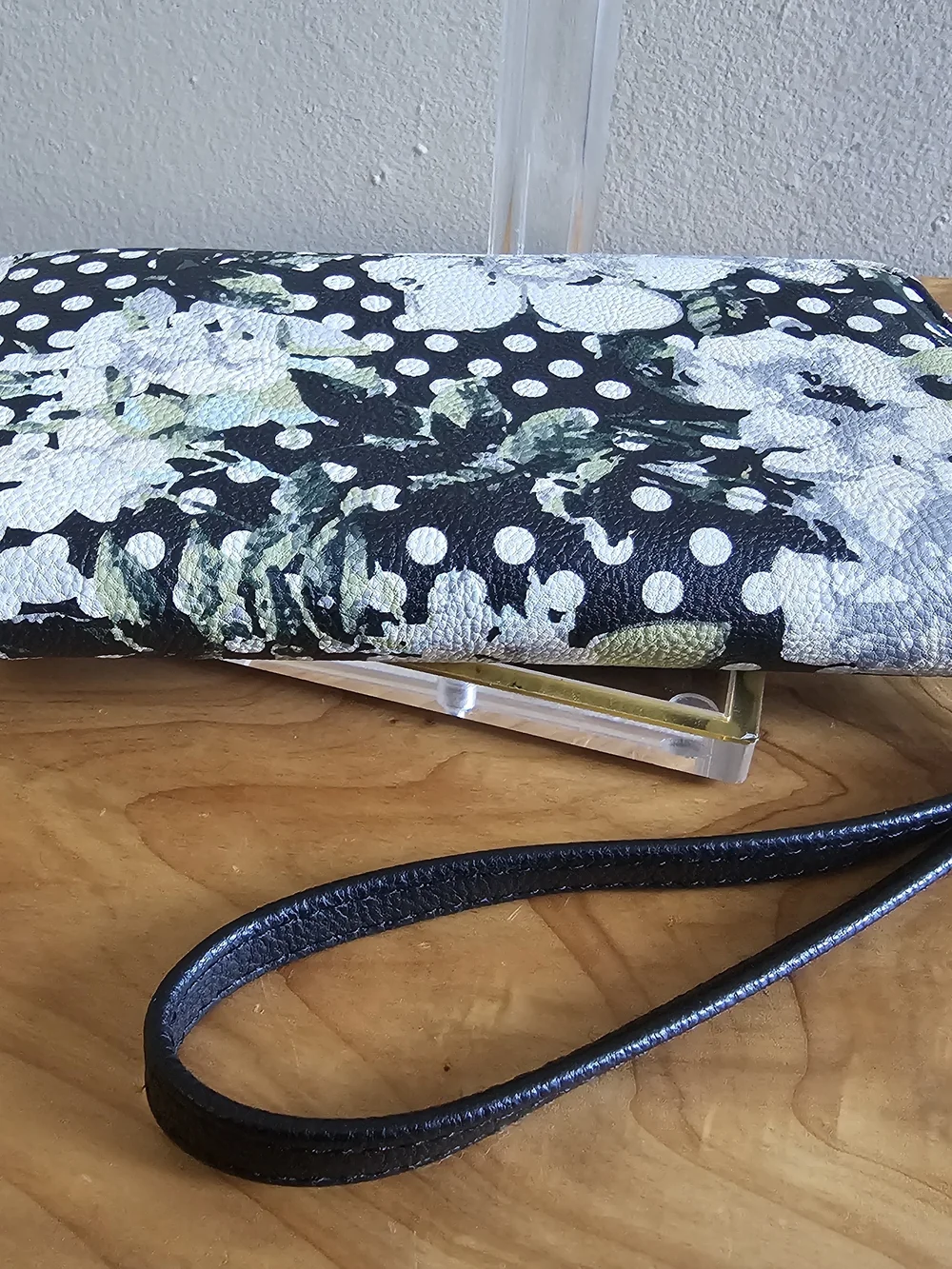 Betsey Johnson Black Floral Polka Dot Zip Wristlet Wallet